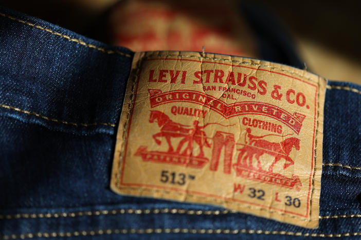 A patch on a pair of Levi 513 jeans. An immigrant tailor Jacob Davis teamed up with dry goods merchant Levi Strauss to patent the first rivet blue jeans in 1873.