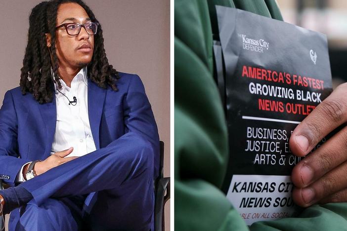 Left: Kansas City Defender founder Ryan Sorrell attends a youth summit on June 9, 2022, in Kansas City, Mo. Right: Sorrell distributes Kansas City Defender fliers at a rally on Nov. 17, 2022.