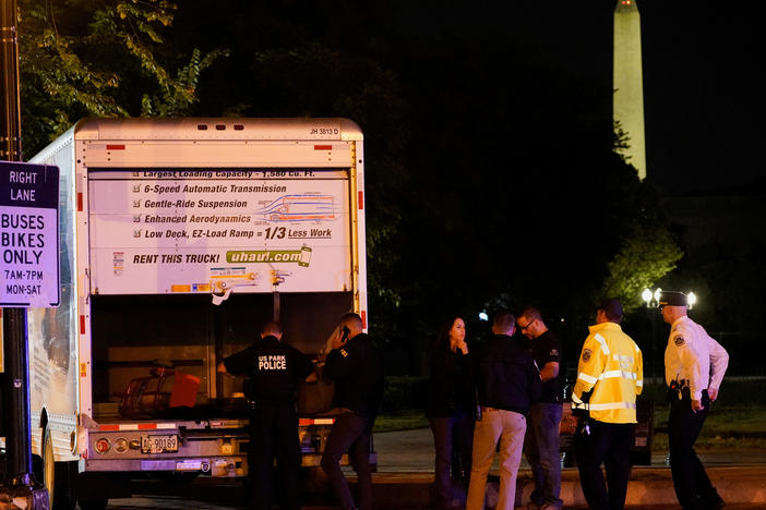 The U.S. Secret Service and other law enforcement agencies investigate a rented box truck that crashed into security barriers at Lafayette Park across from the White House in Washington, D.C., on Monday.