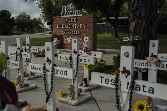 The memorial at Robb Elementary School in Uvalde, Texas. A mass shooting there on May 24, 2022, killed 19 children and two teachers. For surviving families, the year since has been an agonizing fight for answers and accountability.