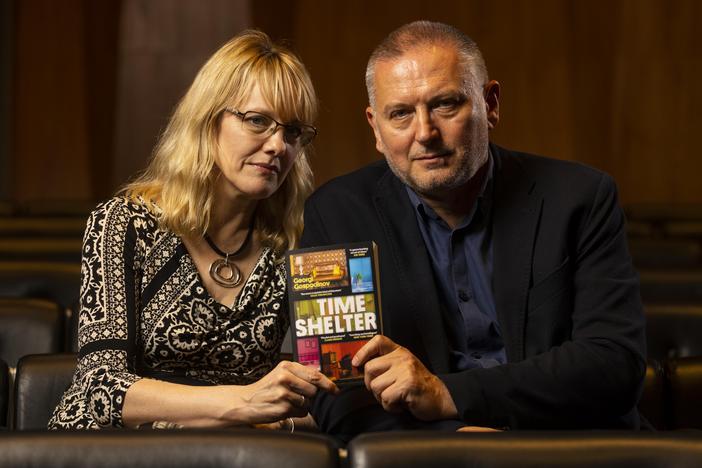 Translator Angela Rodel, left, and author Georgi Gospodinov have won the 2023 International Booker Prize for <em>Time Shelter.</em> They are pictured above in London on May 23, 2023.