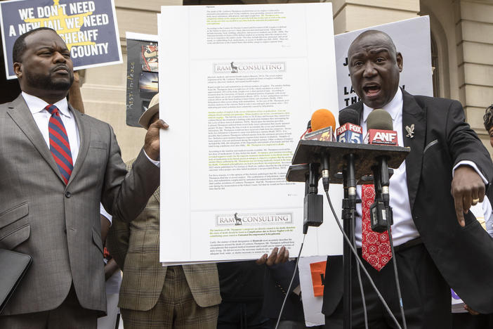 Ben Krump, civil rights attorney, speaks at a press conference addressing the results of an independent autopsy determining the cause of death of Lashawn Thompson on Monday, May 22, 2023, at the State Capital in Atlanta.