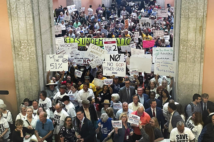 Supporters and opponents of a GOP-backed measure that would make it harder to amend the Ohio Constitution packed the Statehouse rotunda on May 10 in Columbus. That measure is set for an August special election.