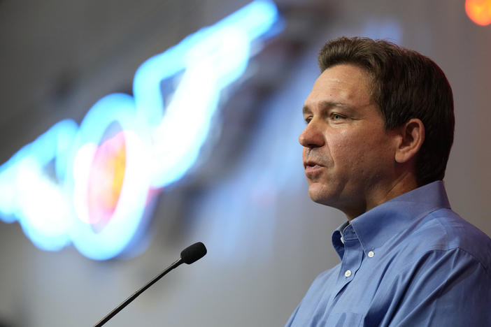 Florida Gov. Ron DeSantis speaks May 13 during a fundraising picnic for U.S. Rep. Randy Feenstra, R-Iowa, in Sioux Center, Iowa.