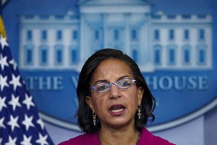 Domestic policy adviser Susan Rice speaks during a news briefing at the White House on Jan. 26, 2021. Rice is stepping down from the post.
