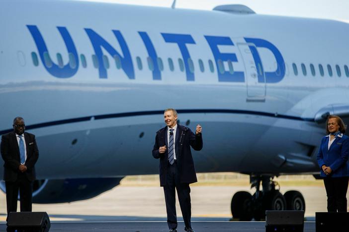 United Airlines CEO Scott Kirby speaks during a joint press event with Boeing at the Boeing manufacturing facility in North Charleston, S.C., on Dec. 13, 2022.