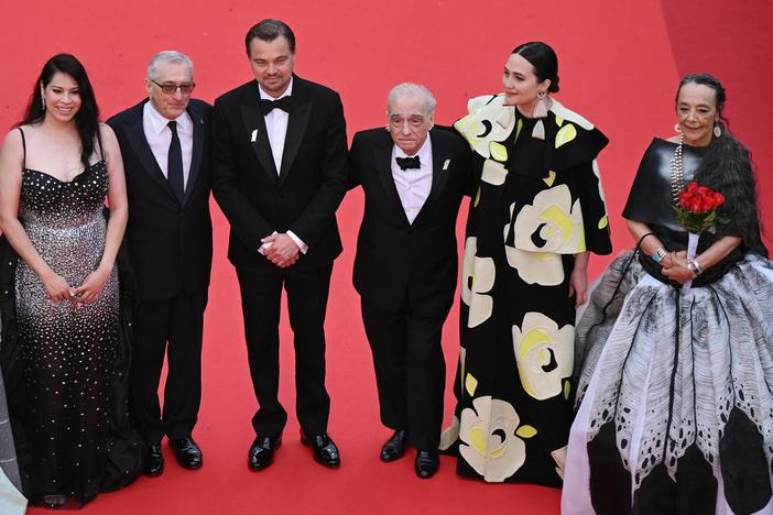 Jillian Dion, from left, JaNae Collins, Cara Jade Myers, Robert De Niro, Leonardo DiCaprio, Martin Scorsese, Lily Gladstone and Tantoo Cardinal arrive for the screening of <em>Killers of the Flower Moon</em> during the Cannes Film Festival in France, on May 20. On and off the red carpet, the festival had a strong Indigenous presence — a fashion show featuring Indigenous designers was a highlight.