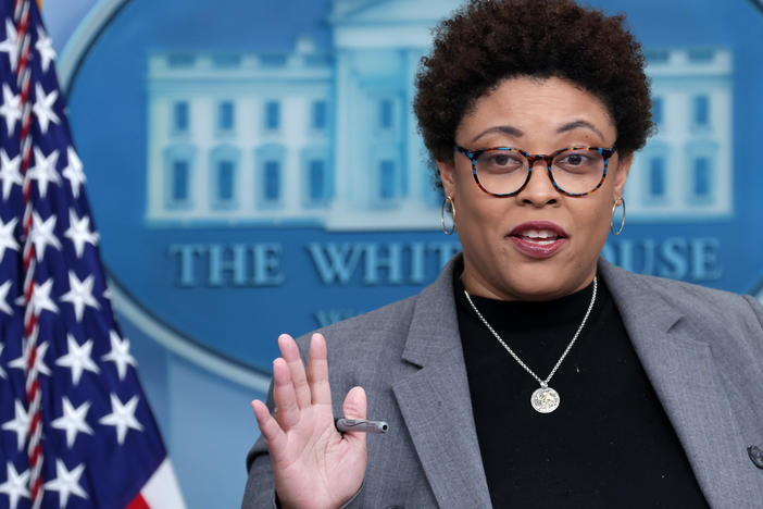 Office of Management and Budget Director Shalanda Young speaks to reporters at the White House on March 10.
