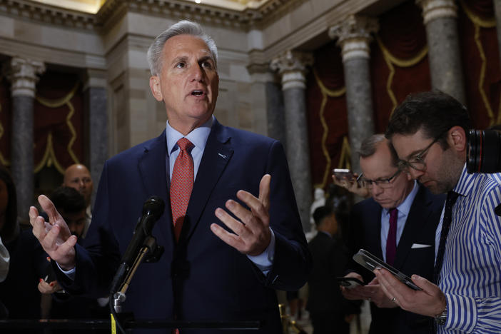 House Speaker Kevin McCarthy speaks to members of the media at the U.S. Capitol in Washington, D.C., on May 24, 2023. The U.S. government will soon run out of cash to pay its bills unless it can raise or suspend its debt ceiling.