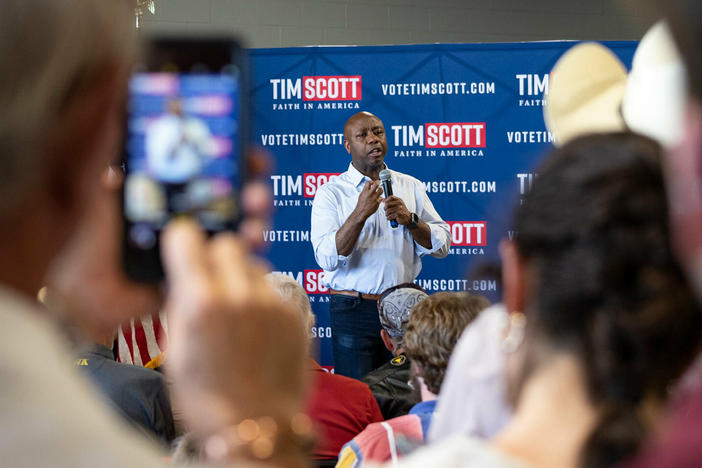 South Carolina Sen. Tim Scott holds his first town hall as a declared Republican presidential candidate at Novelty Machine and Supply Co. in Sioux City, Iowa, on May 24.