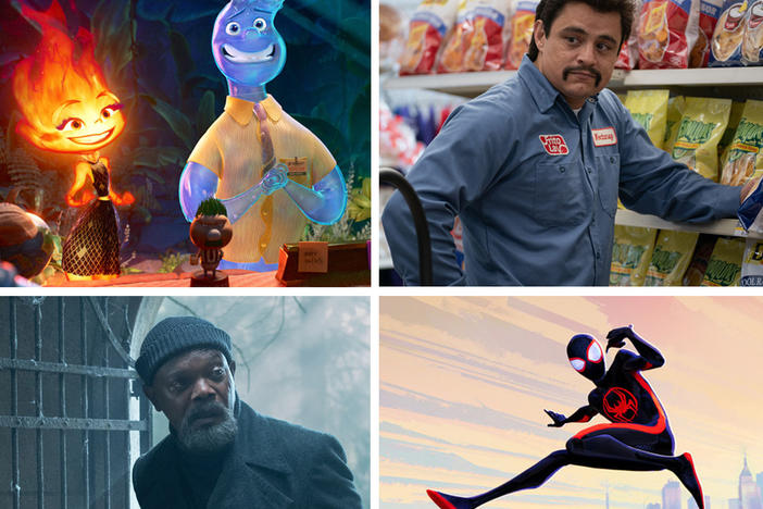 Clockwise from top left:<em> Elemental, Flamin' Hot, Barbie, Shortcomings, Spider-Man: Across the Spider-Verse, Secret Invasion.</em>