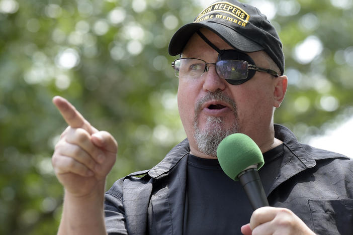 Stewart Rhodes, founder of the citizen militia group known as the Oath Keepers, speaks during a rally outside the White House on June 25, 2017.