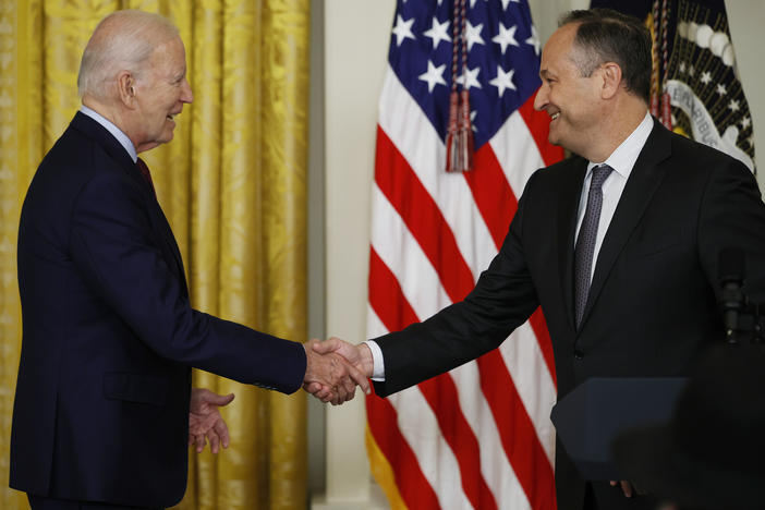 President Joe Biden shakes hands with second gentleman Doug Emhoff during a celebration marking Jewish American Heritage Month last week. The administration has just released a comprehensive strategy for combating antisemitism.