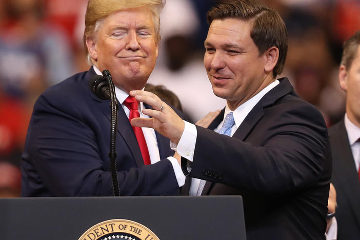 Seen in happier days: Trump helped DeSantis win a tough GOP primary for governor in 2018 and was still an ally when the two appeared together in 2019 in Sunrise, Fla.