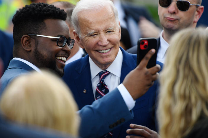 President Biden takes selfies after a March 28 visit to Wolfspeed Inc., a semiconductor manufacturer in Durham, N.C.