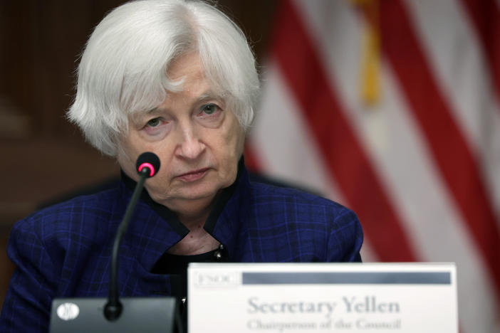 Treasury Secretary Janet Yellen listens during an open session of the Financial Stability Oversight Council meeting at the Department of the Treasury in Washington, D.C., on April 21, 2023. Yellen said on Friday Congress would need to raise the debt ceiling by June 5 or the country could run out of cash to pay its bills.