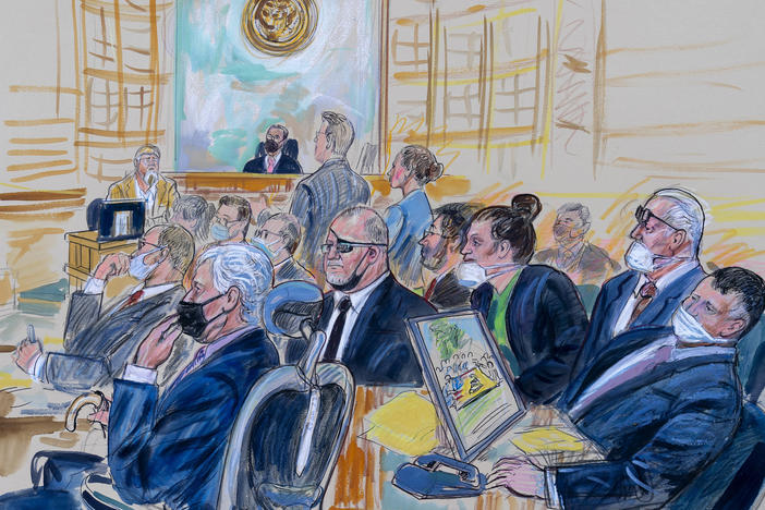 This artist sketch depicts the trial of Oath Keepers leader Stewart Rhodes and four others charged with seditious conspiracy in the Jan. 6, 2021, U.S. Capitol attack.