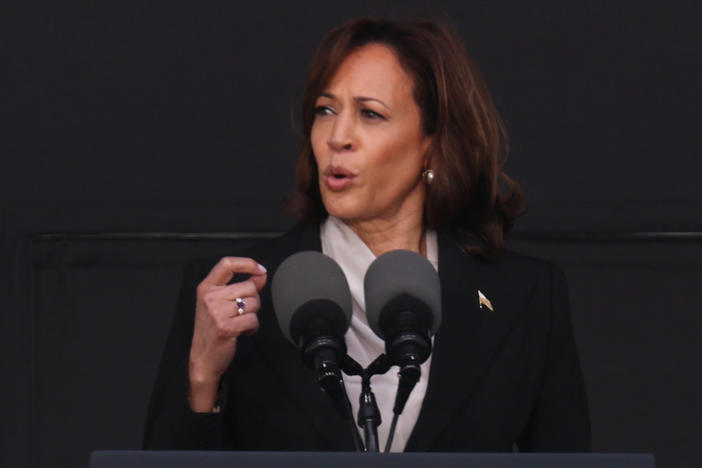 Vice President Harris delivers the keynote speech at Michie Stadium during West Point's graduation ceremony Saturday in West Point, N.Y.