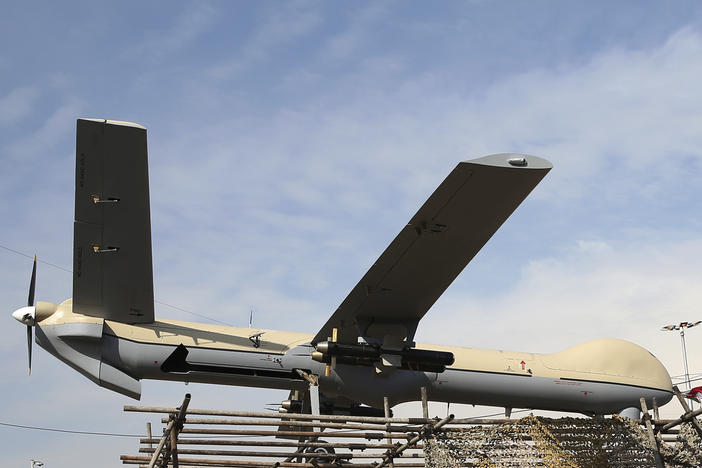 In this Feb. 11, 2016 file photo, Iranian drone Shahed-129 is displayed at a rally in Tehran, Iran. The White House on Monday, May 15, 2023, said that Russia is looking to buy additional advanced attack drones from Iran for use in the Kremlin's war in Ukraine after using up most of the 400 drones it had previously purchased from Tehran. ncil spokesman John Kirby said.