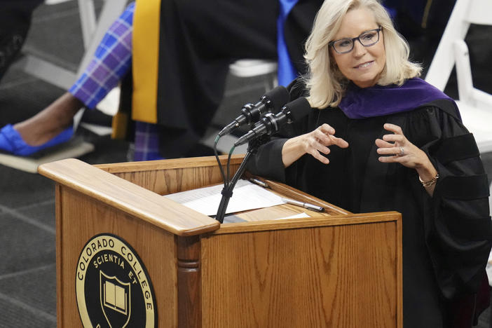 Former U.S. Rep. Liz Cheney, R-Wyo., delivers the commencement address at Colorado College on Sunday in Colorado Springs, Colo. She urged the 2023 graduates to not compromise on the truth.