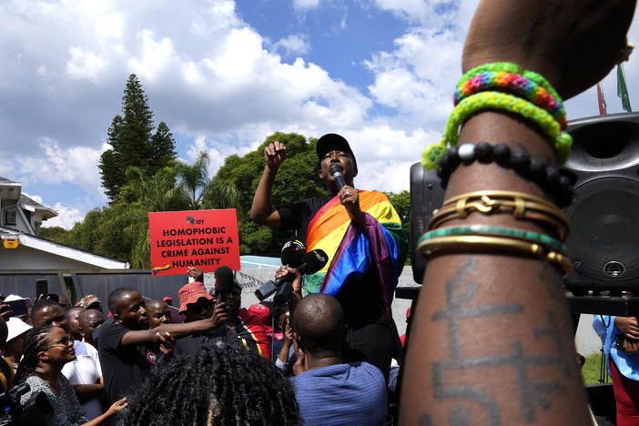 Economic Freedom Fighters leader Julius Malema speaks during their picket against Uganda's anti-homosexuality bill at the Ugandan High Commission in Pretoria, South Africa on April 4, 2023. Uganda's president Yoweri Museveni has signed into law tough new anti-gay legislation supported by many in the country but widely condemned by rights activists and others abroad.