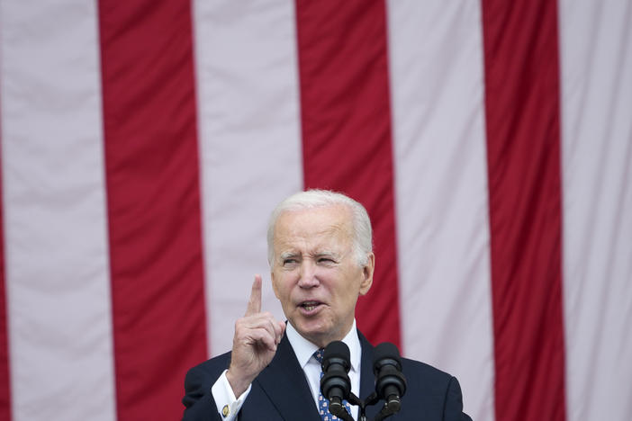 President Joe Biden speaks at the Memorial Amphitheater of Arlington National Cemetery in Arlington, Va., on Memorial Day on Monday.