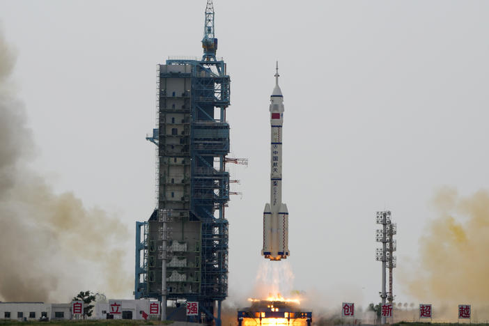 A Long March rocket carrying a crew of Chinese astronauts in a Shenzhou-16 spaceship lifts off at the Jiuquan Satellite Launch Center in northwestern China, Tuesday, May 30, 2023.