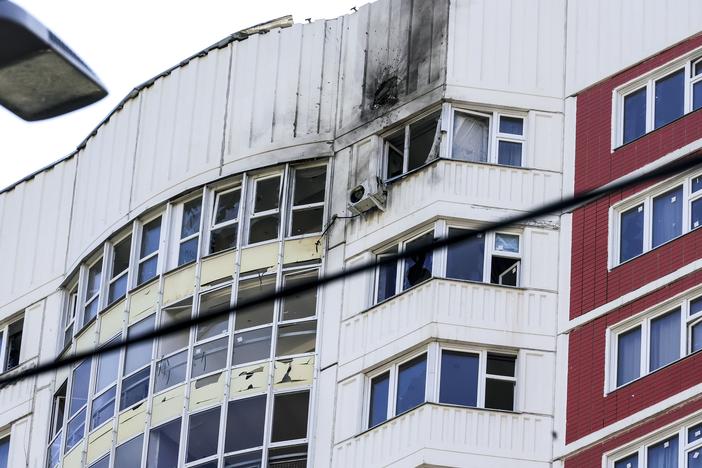 This photo shows a part of an apartment building which was reportedly damaged by Ukrainian drone in Moscow, Russia, Tuesday, May 30, 2023. In Moscow, residents reported hearing explosions and Mayor Sergei Sobyanin later confirmed there had been a drone attack that he said caused "insignificant" damage.