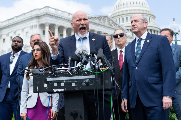 Rep. Chip Roy, R-Texas, speaks during the House Freedom Caucus news conference to oppose the debt limit deal outside of the Capitol on May 30.<a href="https://www.gettyimages.com/license/1258294322?adppopup=true"></a>