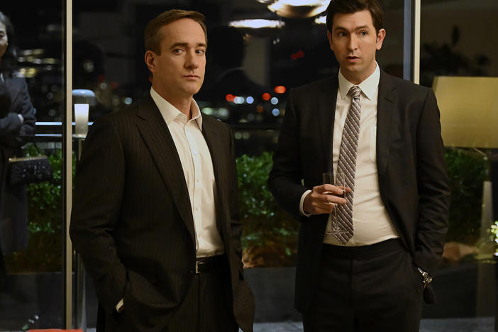 This image released by HBO shows Matthew Macfadyen as Tom Wambsgans, left, and Nicholas Braun as Greg Hirsch in a scene from the series "Succession."