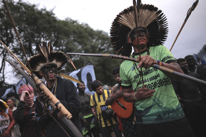 Guarani Indigenous block Bandeirantes highway to protest proposed legislation that would change the policy that demarcates Indigenous lands on the outskirts of Sao Paulo.