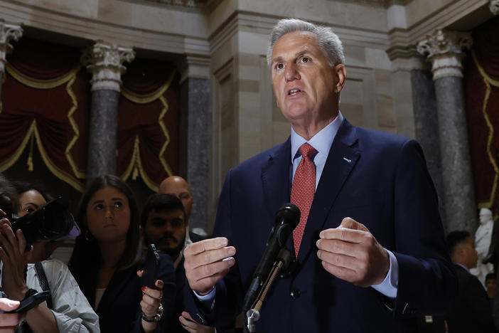House Speaker Kevin McCarthy speaks to members of the media at the U.S. Capitol in Washington, D.C., on May 24, 2023. The House is set to vote on a debt deal on Wednesday.
