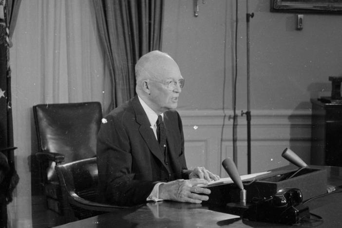 Former President Eisenhower, addresses the nation on the American intervention in Formosa (now Taiwan) in an undated archival picture. Eisenhower was involved in the country's first debt ceiling fight when he asked Congress to raise the limit by $15 billion. The Senate refused, ushering the first tussle over the country's debt.