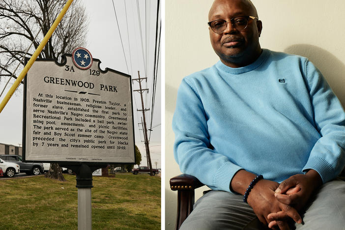 Left: A Tennessee Historical Commission marker honors the site of Greenwood Park, which was the first city park to serve Nashville's Black residents and was established by Preston Taylor in 1905. Right: Learotha Williams is a public historian at Tennessee State University in Nashville.