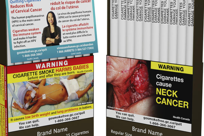 This image provided by Health Canada shows the final wording of six separate warnings that will be printed directly on individual cigarettes as Canada becomes the first in the world to take that step aimed at helping people quit the habit. The regulations take effect Aug. 1 and will be phased in.