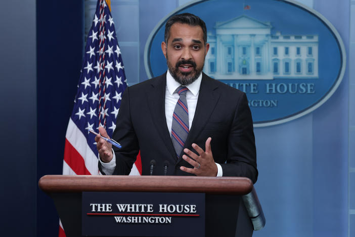 Deputy Director of the National Economic Council Bharat Ramamurti, pictured at a White House briefing last August, spoke to <em>Morning Edition</em> after the House passed its debt ceiling bill.