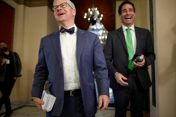 Republican Reps. Patrick McHenry of North Carolina (left) and Garret Graves of Louisiana, pictured at the Capitol on Wednesday, were lead negotiators on behalf of House Speaker Kevin McCarthy.