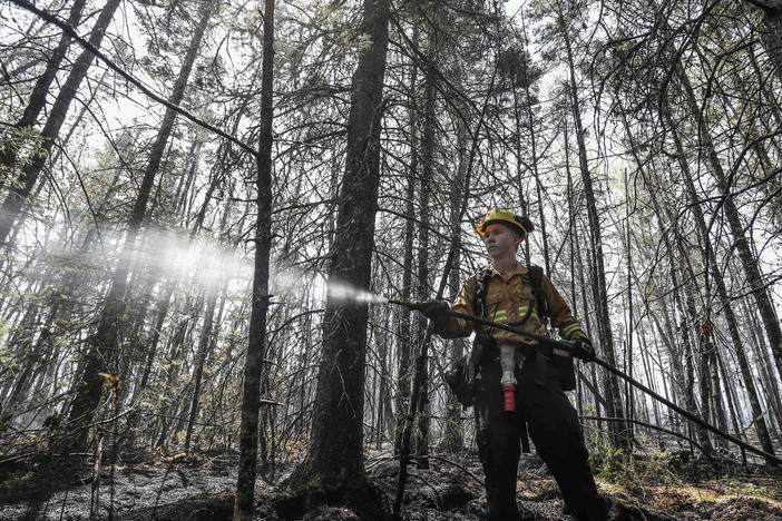 Department of Natural Resources and Renewables firefighter Kalen MacMullin of Sydney, Nova Scotia, works on a fire in Shelburne County, N.S. on Thursday. Rain and a rainy forecast for the weekend have fire officials hopeful.