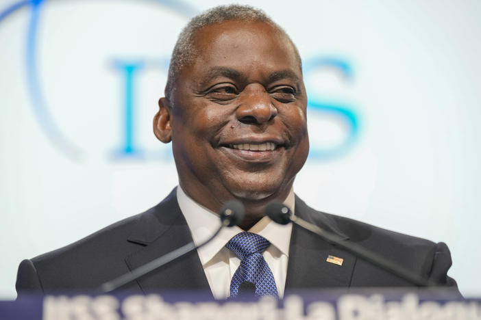 U.S. Secretary of Defense Lloyd J. Austin III smiles as he speaks during the 20th International Institute for Strategic Studies (IISS) Shangri-La Dialogue, Asia's annual defense and security forum in Singapore, Saturday, June 3, 2023.