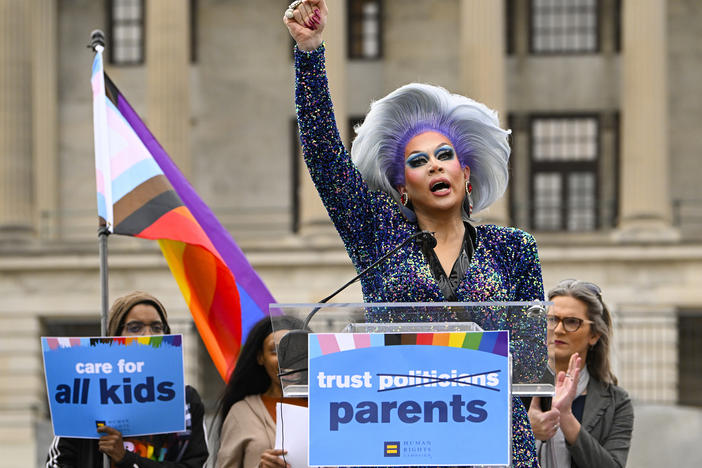 Drag artist Vidalia Anne Gentry speaks during a Feb. 14 news conference held by the Human Rights Campaign to draw attention to anti-drag bills in the Tennessee legislature.