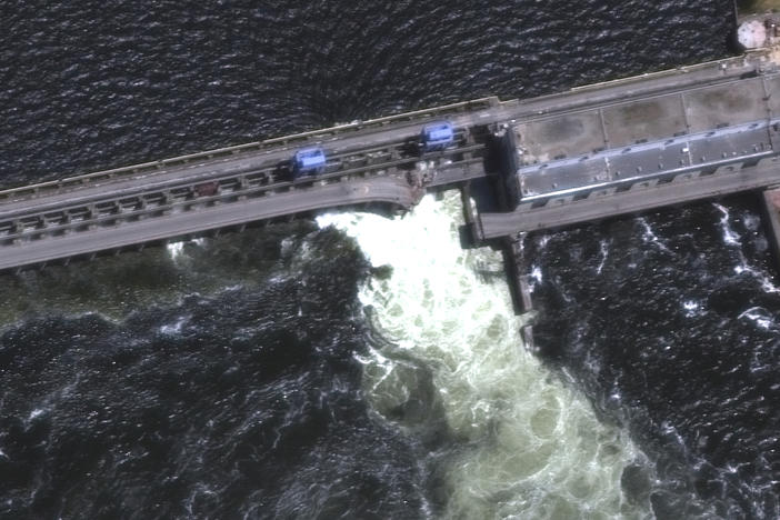 This satellite image provided by Maxar Technologies shows an overview of the Kakhovka dam in southern Ukraine on Monday, June 5, 2023.