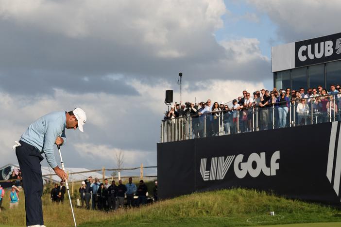 South African golfer Charl Schwartzel plays a last shot during the LIV Golf Invitational Series in St. Albans, England, in June 2022. The launch of the series rocked the world of golf by setting up rival leagues.