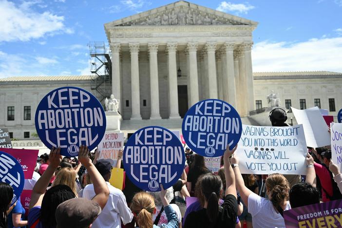 Demonstrators rally in support of abortion rights at the U.S. Supreme Court in Washington, D.C., on April 15.