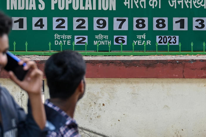 India is number 1 in global population. This clock board outside the International Institute for Population Sciences in Mumbai keeps track of the numbers. The photo is from June 2, 2023.