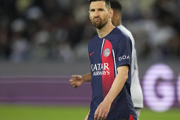 PSG's Lionel Messi grimaces during the French League One soccer match between Paris Saint-Germain and Clermont at the Parc des Princes in Paris, on Saturday.
