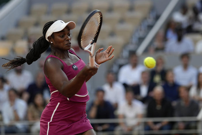 Sloane Stephens of the U.S. plays a shot against Aryna Sabalenka of Belarus during their fourth round match of the French Open tennis tournament at the Roland Garros stadium in Paris, Sunday, June 4, 2023.