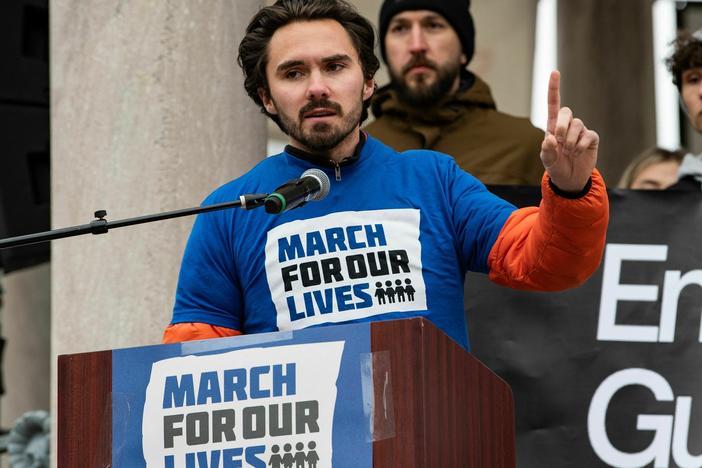 Parkland school shooting survivor David Hogg speaks during an anti-gun violence rally in Boston on March 25, 2023.