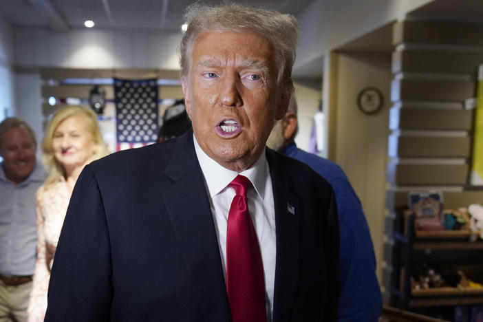 Former President Donald Trump greets supporters before speaking at the Westside Conservative Breakfast, Thursday, June 1, 2023, in Des Moines, Iowa.