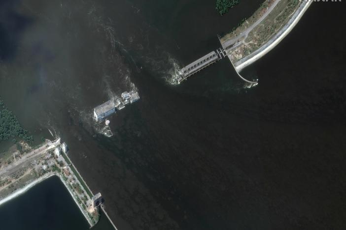 The remains of the Kakhovka Dam as seen by satellite on June 7, 2023. Seismologists claim to have seen an explosive signal around the time of the dam's collapse.