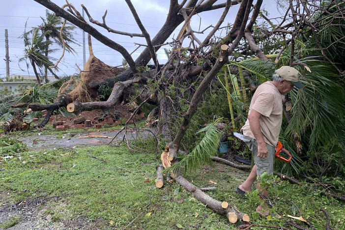 Andy Villagomez clears what remains of a large tree that overshadowed his front yard before falling to Typhoon Mawar, Thursday, May 25, 2023, in Mongmong-Toto-Maite, Guam.
